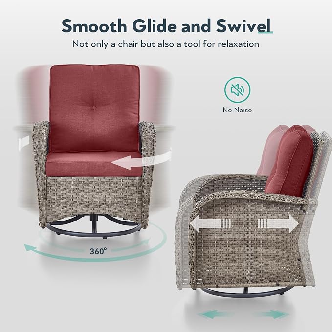 Outdoor Swivel Glider Rocker Chairs - 3 Piece Wicker Patio Furniture Set, All Weather Patio Bistro Sets with Glass Side Table for Balcony Porch Deck Backyard - Grey Wicker Red Cushion