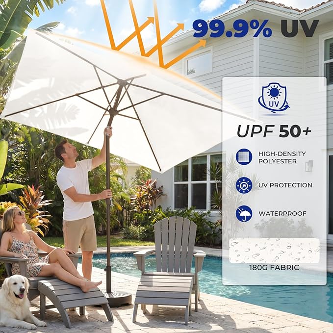 BRIOPAWS 6.5X10 FT Rectangular Patio Umbrella with Base Included | Rectangle Outdoor Umbrellas | 6 Sturdy Steel Ribs | Push Button Tilt & Crank | Heavy Duty for Garden Lawn Deck Backyard Pool |