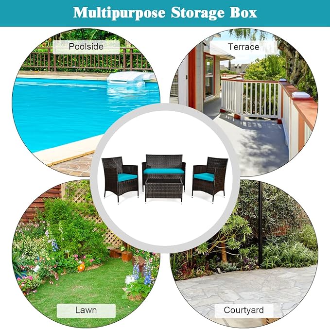 4 Pieces Patio Sofa Set, Wicker Conversation Set with Ergonomic Curved Backrest, Rattan Furniture Set with Water-Resistant Cushion & Tempered Glass Table for Balcony, Porch (Turquoise)