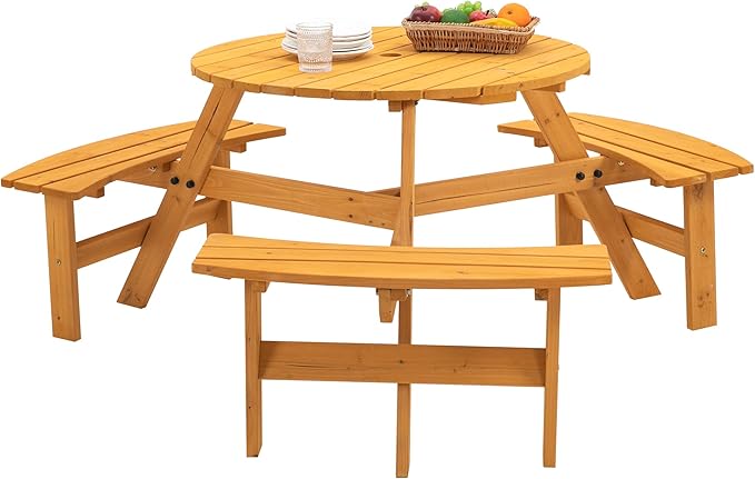 SSLine 6-Person Solid Wood Picnic Table Outdoor Round Picnic Table and Bench Set with Umbrella Hole Outside Wooden Table and Chairs Set for Patio Backyard Garden Lawn (Natural Brown)