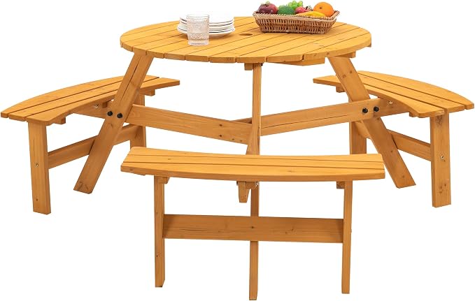 6 Person Round Wood Picnic Table, Outdoor Wooden Picnic Table with 3 Built-in Benches, Umbrella Hole, Circular Outside Table and Bench Set for Garden, Backyard, Porch, Patio, 1720lb Capacity - Natural