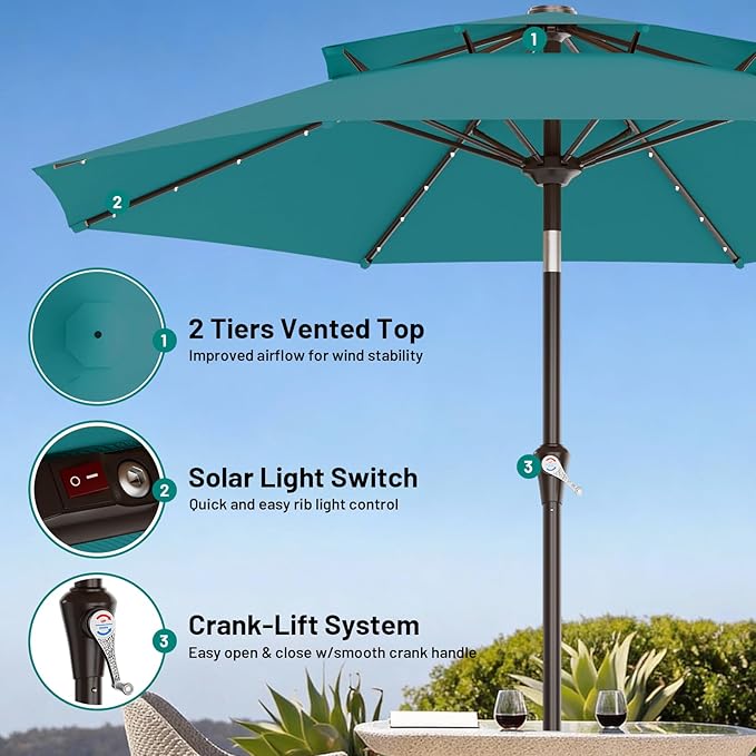 AreShark 9ft 2 Tiers Patio Umbrella with Solar Lights, Outdoor Umbrella w/ 32 LED Lights&8 Sturdy Ribs, Table Umbrella for Deck, Backyard, Pool(Lake Blue)