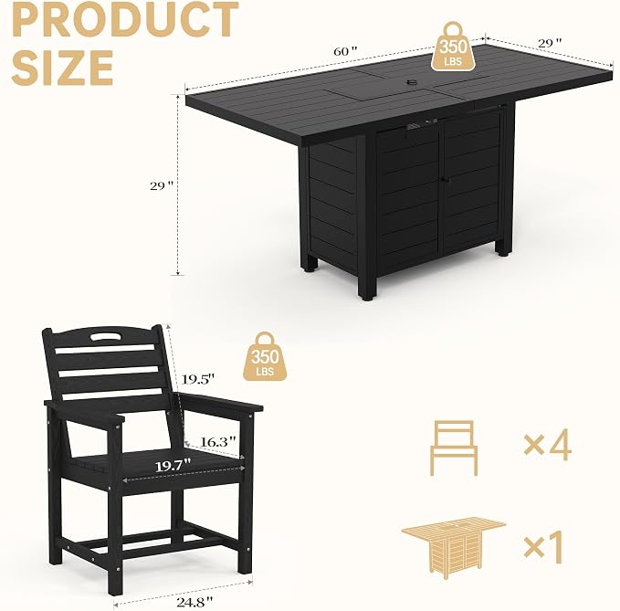 PIZZELLO 5 Pieces Patio Furniture Set w/ 60" Gas Fire Pit Table and 4 HPDE Patio Dining Chairs, Outdoor Conversation Set 50,000 BTU Aluminum Propane Fire Pit Patio Chairs Set of 4 for Backyard