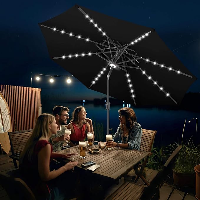 FLAME&SHADE 2 Tiers 9ft Solar Light Patio Umbrella, 40 LED Lights Outdoor Umbrella with Centre Surround Light, Table Market Umbrella for Deck, Pool, Porch, Backyard, Garden (Black)