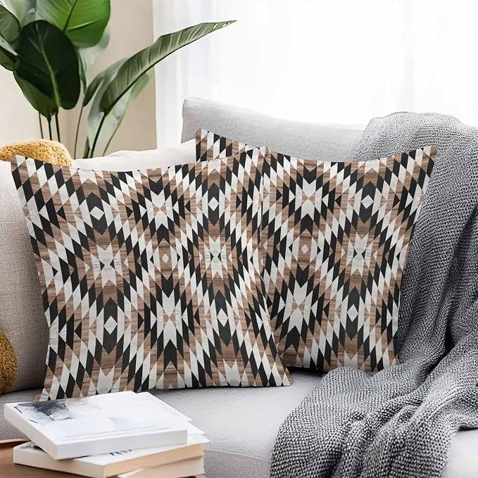 Brown Black Outdoor Pillow Cover 20x20 Inch Cushion Sham Case, Waterproof Decorative Square Throw Pillowcase for Outside Garden Patio Porch Couch Chair Tent Moroccan Southwestern Aztec Abstract Boho