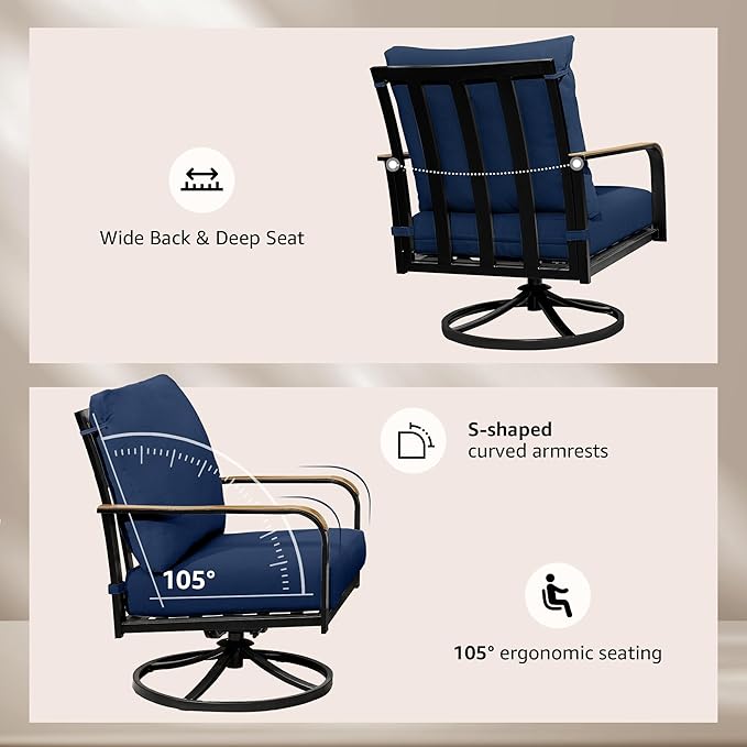 NATURAL EXPRESSIONS Patio Furniture Sets,4 Pieces Metal Outdoor Conversation Sofa Set with High Back Swivel Rocking Chairs with Anti-Scald Armrest,Double-Deck Wooden-Grain Table,6" Cushions for Yard
