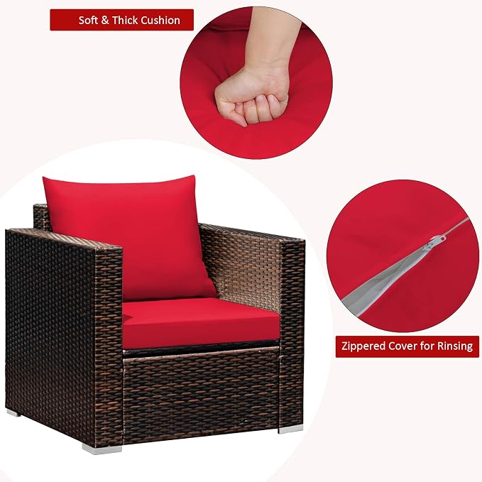 COSTWAY 3-Piece Patio Furniture Set, Outdoor Wicker Rattan Sofa with Cushions and Coffee Table with Tempered Glass, Modern Conversation Chair Set for Poolside Backyard Balcony Lawn (Red)