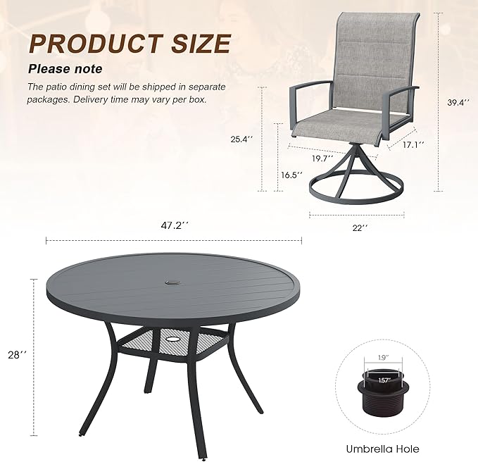 VICLLAX 7 Pieces Outdoor Dining Set, Patio Furniture Set Includes 47" Round Metal Table W/ 1.9" Umbrella Hole and 6 Padded Textilene Swivel Chairs for Porch, Lawn, Garden, Backyard