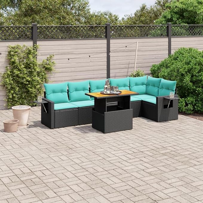 vidaXL Patio Sofa Set with Cushions 7 Piece, Outdoor Sectional Sofa Couch, Patio Conversation Set for Garden Backyard, Black Poly Rattan