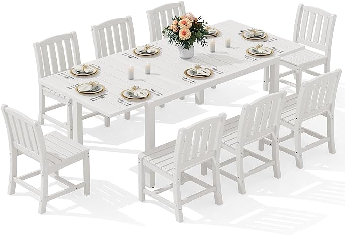 SERWALL 9-Piece Outdoor Dining Set, 60" - 83" Expandable Outdoor Dining Table and 8 HDPE Chairs, All Weather HDPE Outdoor Furniture Set for Backyard, Garden, White
