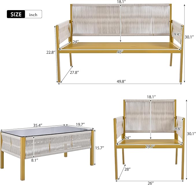 4-Piece Rope Patio Furniture Set, Outdoor Furniture with Tempered Glass Table, Patio Conversation Set Deep Seating with Thick Cushion for Backyard Porch Balcony (Beige&Mustard Yellow)
