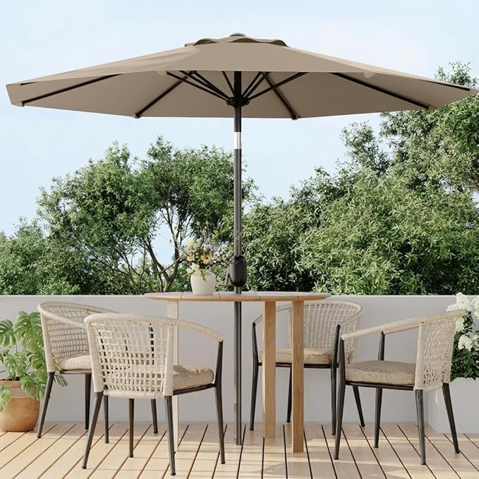 IDEALHOUSE 9FT Outdoor Patio Umbrella, Market Table Umbrella with Crank Lift & Push Button Tilt, Heavy-Duty Iron Frame & Polyester Canopy for Garden, Deck, Backyard, Pool