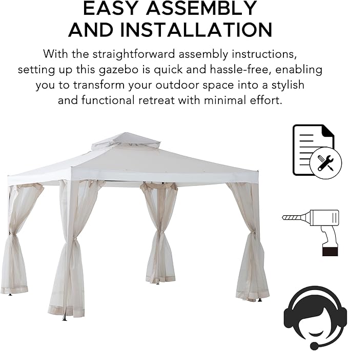Sunjoy 10 x 10 ft. Soft Top Gazebo, Outdoor Patio Backyard Modern 2-Tier Steel Frame Gazebo with Mesh Netting - Beige & White