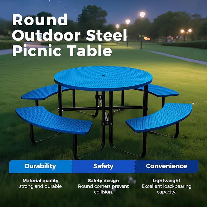 83" Round Heavy Duty Picnic Table for Outdoors Commercial Camping Table with Umbrella Hole up to 1.78" Blue Coated Steel Frame Waterproof Rust Resistant 3200 lbs Load Capacity