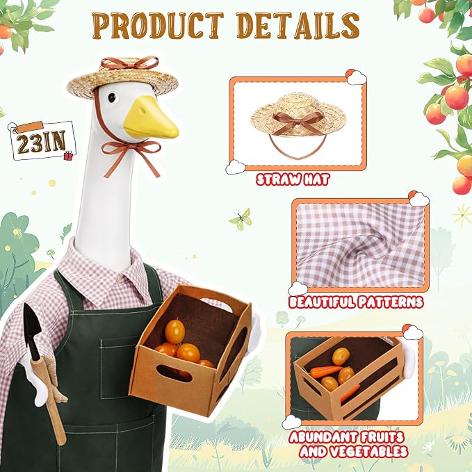 Sower Farmhouse Porch Goose Outfits Gardener 23 Inch Goose Clothes with Hat Basket Shovel Cute Geese Statue Costume for Spring Holiday Outdoor Garden Lawn Yard Patio Decor