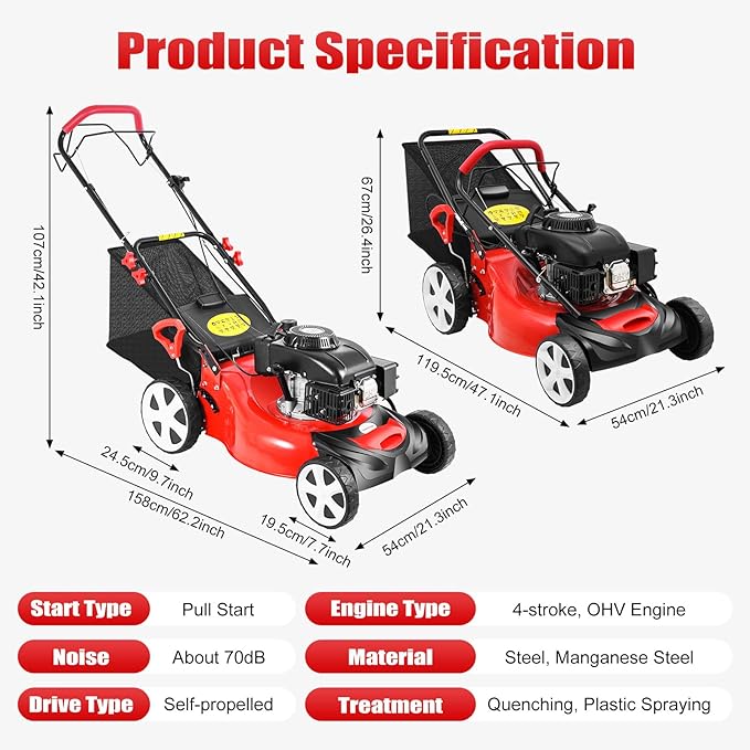140cc Gas Powered Lawn Mower, Self-Propelled 3-in-1 with Bag, 20-Inch Cutting Deck, 4-Stroke Engine, 8 Adjustable Heights, Walk-Behind Lawn Mower or Medium to Large Yards