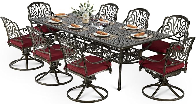 VIVIJASON 9-Piece Outdoor Dining Set, Cast Aluminum Retro Patio Furniture Table and Chairs Set for 8, Include 94.5" Rectangular Table and 8 Swivel Rocker Chairs with Umbrella Hole, Red Cushion