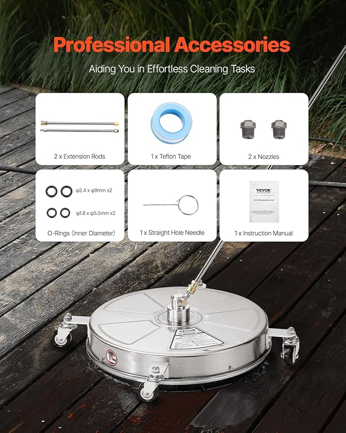 VEVOR 18 Inch Pressure Washer Surface Cleaner, 4000 PSI Stainless Steel Attachment with 4 Wheels, 2 Nozzles, 1/4 Inch Quick Connect and 2 Wands for Concrete, Patio, Deck
