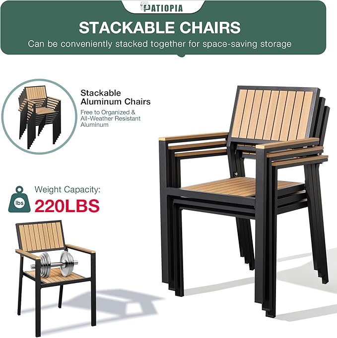 8-Piece Patio Dining Set, Outdoor Weather-Resistant Plastic-Wood Table & 6 Stackable Chairs, Outdoor Durable Aluminum Frame Furniture for Garden, Poolside, Backyard, Orange