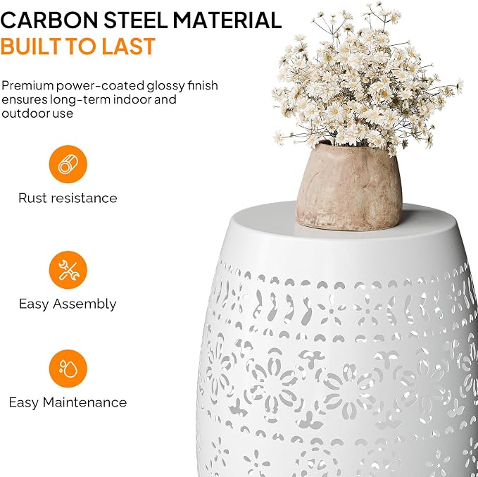Iron Side Table for Outdoor Porch - White Cute Round Hollow Drum End Tables - Small Decorative Round Accent Table for Balconies or Patios