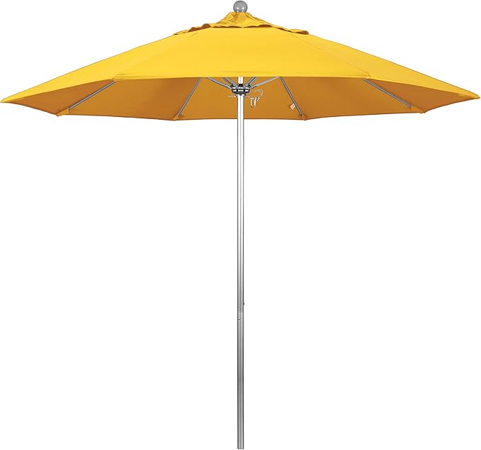California Umbrella 9' Rd. Venture Series Contract Grade Patio Umbrella, Push Open Pin Stop, Silver Finish, Sunbrella Sunflower Yellow