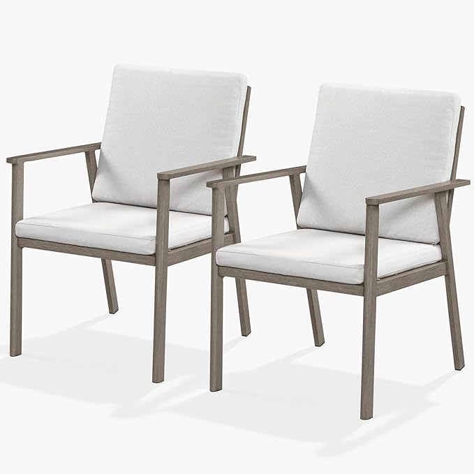 Never-Rust Outdoor Patio Dining Chairs, 2 Pieces Outdoor Aluminum Dining Chairs with Thickened Cushions, Patio Dining Furniture Chairs Set for Garden, Decks, Porch, Pool, Limed Oak