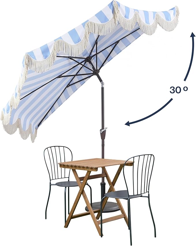JONATHAN Y Beverly 9 ft. Coastal Light Blue and White Striped Half Patio Umbrella with Scalloped Fringe, Crank Lift, and Manual Tilt for Balcony, Dark Brown Pole UMB1201C