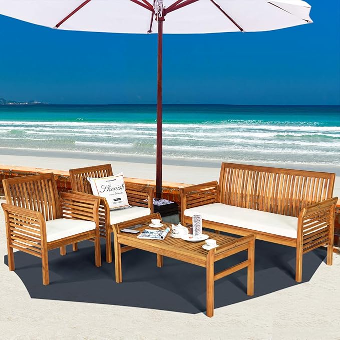 Tangkula 4 Piece Outdoor Acacia Wood Sofa Set with Water Resistant Cushions, Padded Patio Conversation Table Chair Set w/Coffee Table for Garden, Backyard, Poolside (1)