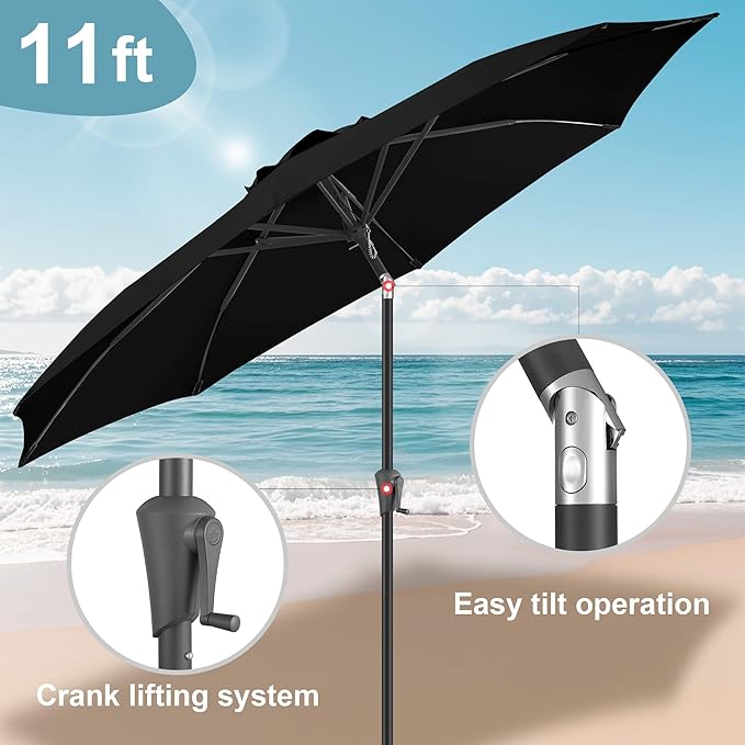 FLAME&SHADE 11 ft Patio Umbrella - Table Umbrella Outdoor with Push Button Tilt and Crank, UV Protection, 8 Sturdy Ribs, Market Umbrella for Garden, Deck, Backyard, Lawn, Pool and Beach(Black)