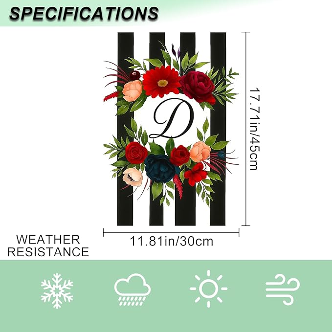 IVN Spring Floral Garden Flag With Mixed Flowers Letter D And Black And White Stripes Floral Circle Garden Flag Double Sided 12x18 Inch Vertical Farmhouse Yard Outdoor Decoration