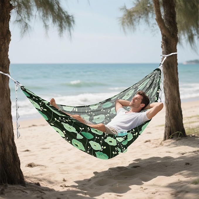 Camping Hammock Outdoor Hammocks for Outside Green Flowers Black Beach Trees Portable Lightweight with Pockets Tree Straps Indoor