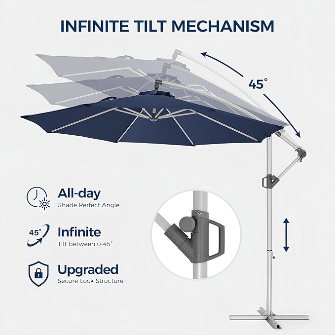 Fangflower 10FT Offset Patio Umbrella, Outdoor Umbrella with 8 Sturdy Ribs, Easy Tilt Adjustment, UPF50+ UV Protection Sun Umbrella for Pool, Porch, Garden, Backyard - Blue