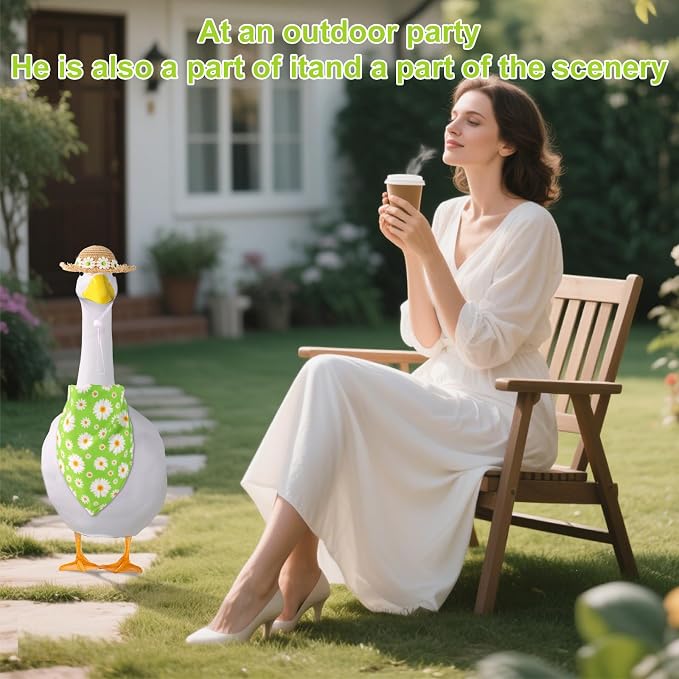 Lyreh Summer Porch Goose Outfits, Hawaiian Daisy Pastoral Style Goose Clothes Set Straw Hat & Bandana Scarf Costume for 23/17" Lawn Statue for Outdoor Garden Yard Patio Decor Accessories
