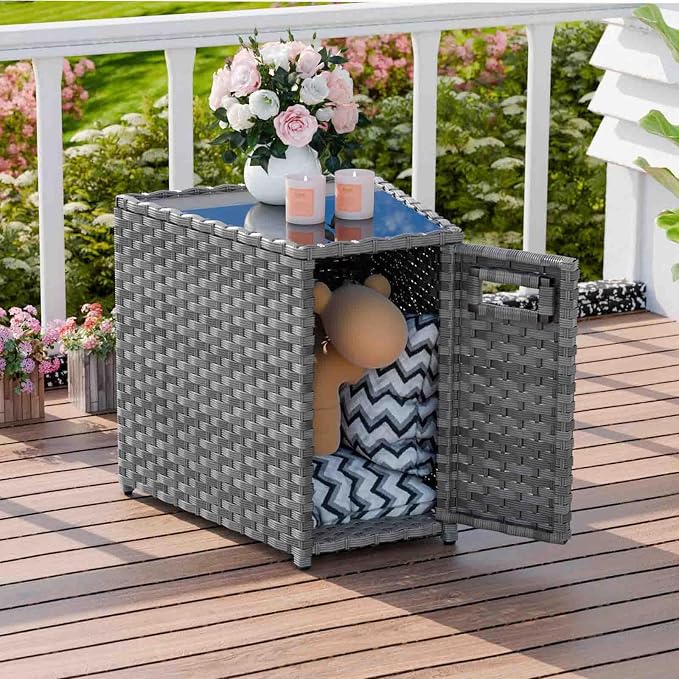K Knowbody Glass Top Wicker Patio Side Table, Trapezoid PE Rattan End Table with Storage Outdoor Patio Furniture Table 20 inches high x 20 inches Wide 12 inches deep