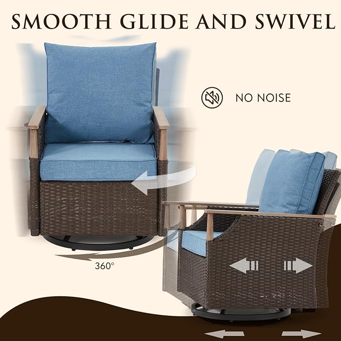 MELLCOM Patio Furniture Set, 5PCS Outdoor Wicker Conversation Set with 4" Thick Cushions, Weather Resistant Olefin Fabric for Garden, Poolside, Blue