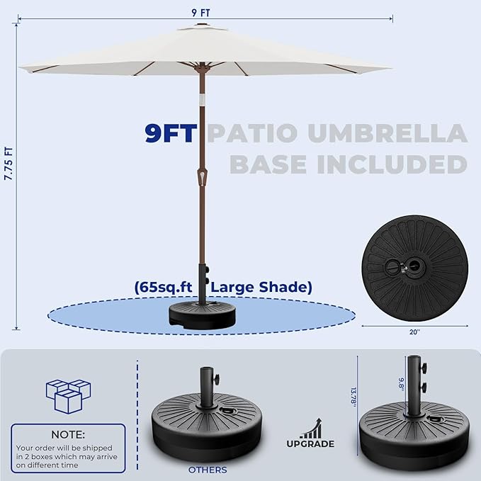 BRIOPAWS 9FT Patio Umbrella with Base Included | Outdoor Table Umbrellas | Push Button Tilt & Crank | 8 Sturdy Fiberglass Ribs | Waterproof | Heavy Duty for Garden Lawn DeckBackyard & Pool