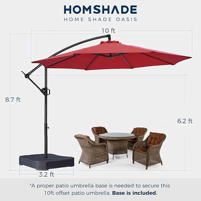HOMSHADE 10ft Patio Umbrella with Base Included, Cantilever Umbrella UPF50+ UV Protection with Easy Tilt and Crank for Pool Deck and Garden(Red)