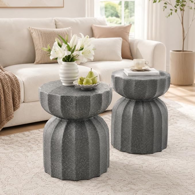 Concrete Outdoor Table Set of 2,13" Modern Round Stone Coffee Table,Waterproof Outdoor Side End Table for Patio Gardens, Backyards and Living Rooms (Gray-N, 13")