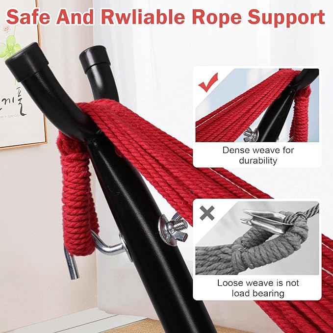 Double Hammock Portable Camping Hammock with Heavy Duty Steel Hammock Stand and Carrying Bag for Outdoor Patio Backyard Indoor,Red (Red)