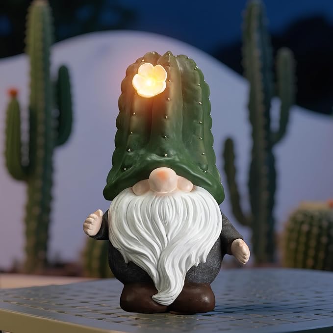 Etlemonde Solar Cactus Gnome Statue Garden Decor Light - Outdoor Decorative LED Flower, Suitable for Patio, Lawnand Garden Decorations, Gifts for Mom