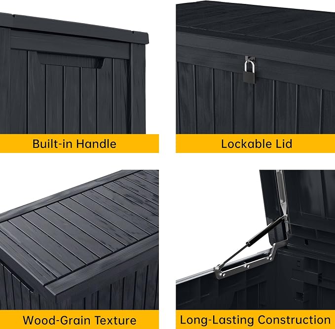 DRATO 200 Gallon Deck Box, Waterproof Resin Large Outdoor Storgae Box for Patio Furniture, Patio Cushions, Gardening Tools, Pool Supplies, Lockable (Black, 200 Gallon)