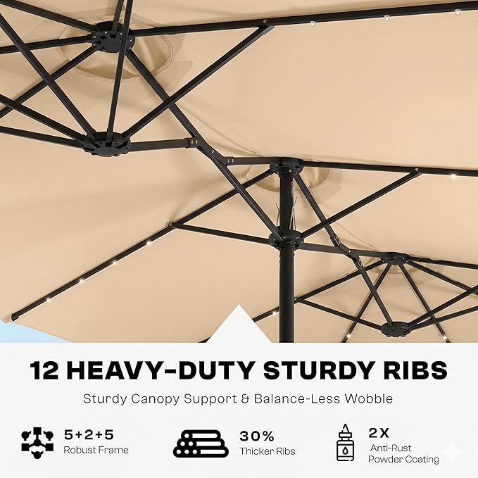 15FT Large Outdoor Patio Umbrella with Solar Lights and Base, Double-Sided Table Umbrellas with 48 LED Lights, Rectangle Market Umbrella for Pool, Deck, Backyard