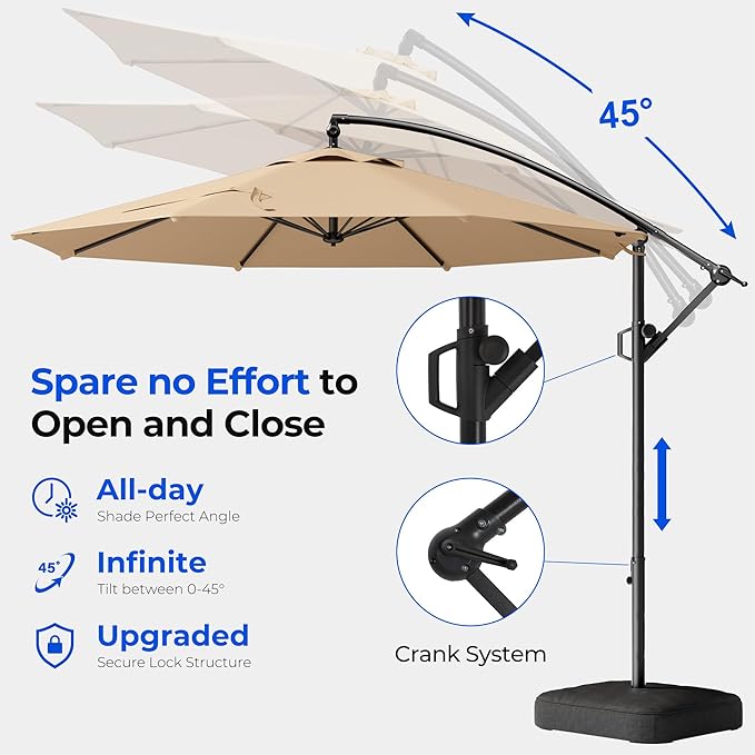 HOMSHADE 10ft Patio Umbrella with Base Included, 8-Year-Non-Fading Cantilever Umbrella with Solution-Dyed Acrylic Fabric, UPF50+ UV Protection with Easy Tilt and Crank for Pool Deck and Garden(Buff)