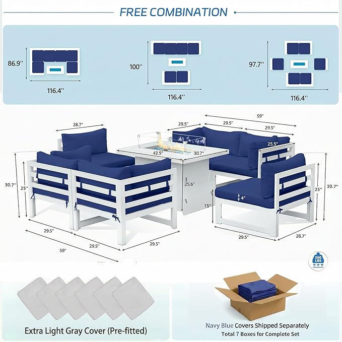 NICESOUL 7 Piece L-Shaped Contemporary Aluminum Outdoor Furniture Set with Firepit, 29" Deep Wide Large Couch Set, 500 lbs High Weight Capacity Modular Patio Sectional Sofa for Garden Lawn, Navy Blue