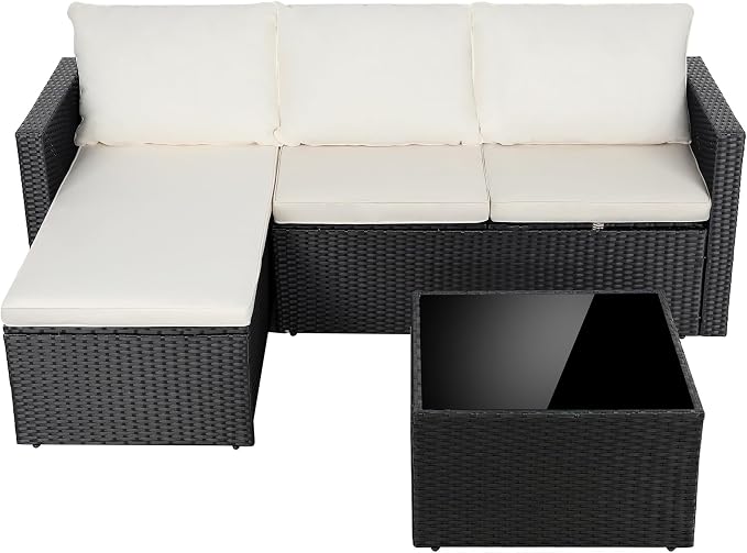 Shintenchi 4 Pieces Patio Furniture Set, 2-in-1 Convertible Sectional Sofa & Chaise Lounge, All-Weather Wicker Rattan Sofa Couch with Cushions & Coffee Table for Yard, Garden, Porch, Poolside (Beige)