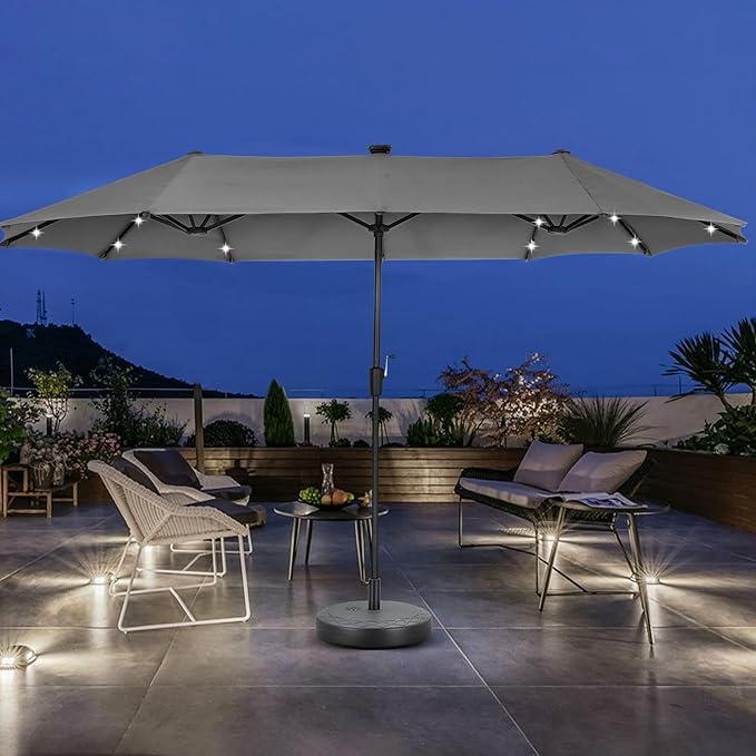 13 ft Patio Umbrella with 36 LED Lights, Large Rectangle Outdoor Solar Umbrella with Matching Base, Strap, Crank, Grey