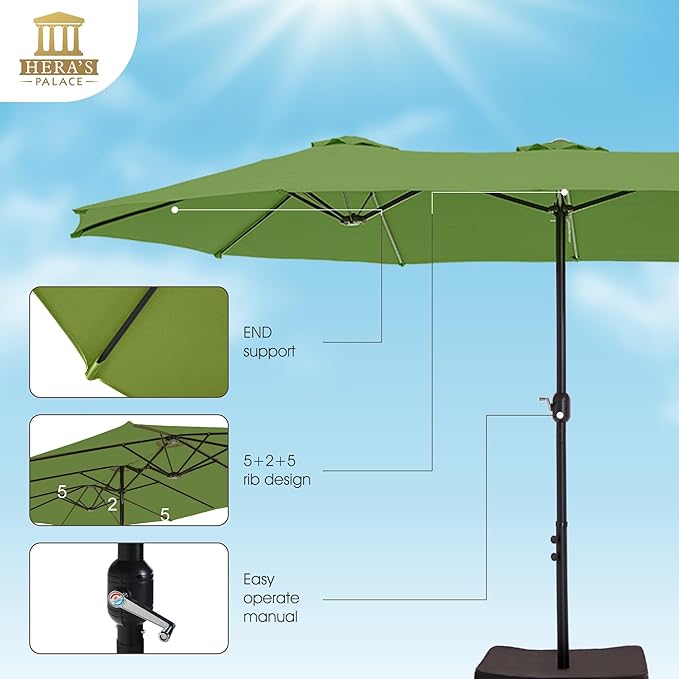 HERA'S PALACE Umbrella Patio Outdoor with Base 15ft Rectangle Heavy Duty Table Double Market Umbrellas Clearance Large Included Stand for Deck Outside Pool Picnic Inground Yard Commercial, Lime