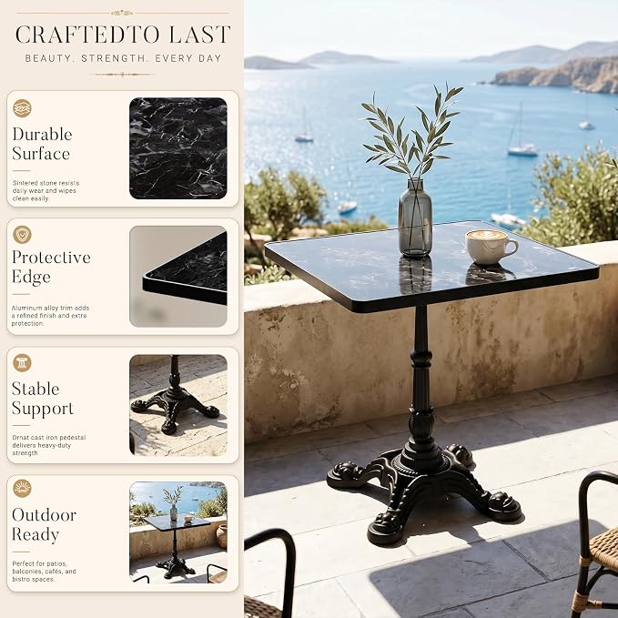 31.5" Outdoor Tulip Dining Table with Sintered Stone Tabletop and Cast Iron Base, Antique Patio Bistro Table for 2-4 Person for Indoor Outside Cafe Restaurant Backyard Garden (Black Marquina)