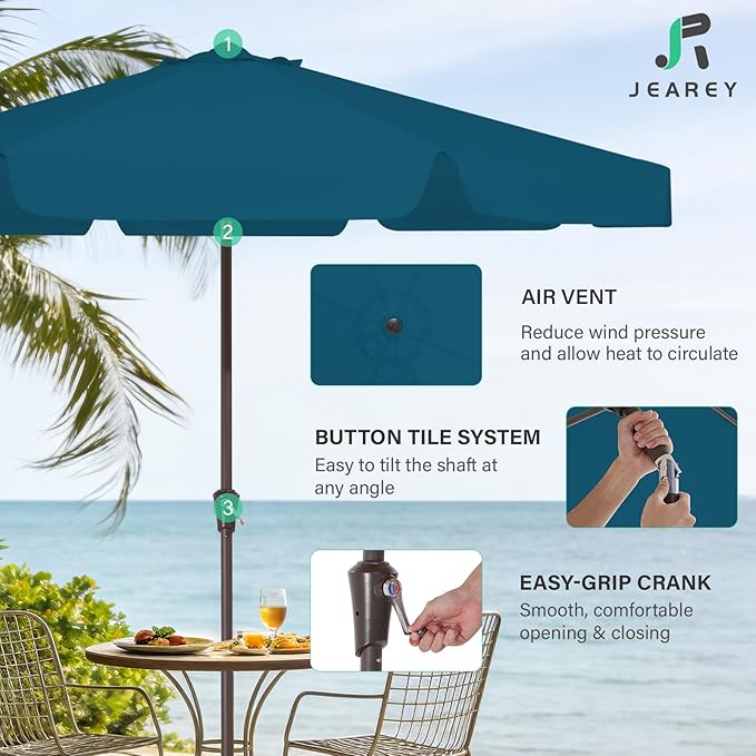 JEAREY 9 FT Patio Umbrella Outdoor, Table Umbrellas Market Umbrella w/Push Button Tilt/Crank, 8 Sturdy Ribs(Cerulean)