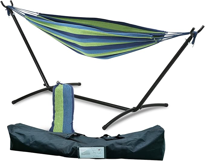 Double Cotton Hammock with Space Saving Adjustable Steel Stand, 550lbs Capacity Accommodates 2 People Portable Hammock and Frame, Camping Indoor Outdoor Use, Oasis Stripe